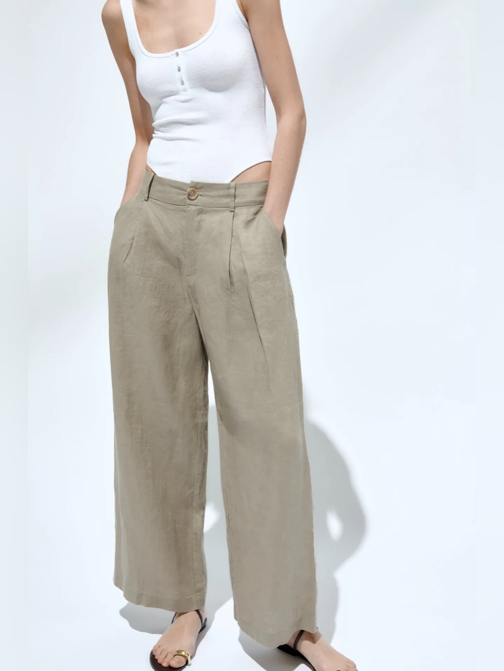 ZARA Wide Leg Linen Pants in Khaki